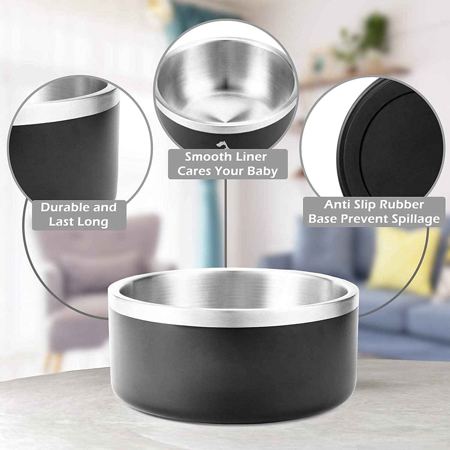 32oz 64oz Stainless Steel Double wall Dog Bowls,BPA Free Non-Slip Pet Dishes,Cat Food&Water Bowl with Rubber Base(32oz, White)