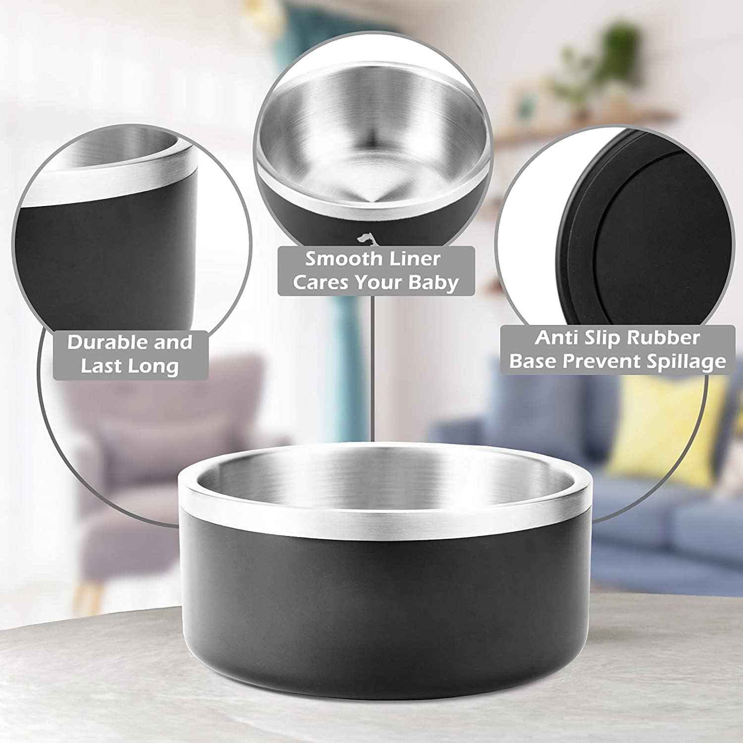 32oz 64oz Stainless Steel Double wall Dog Bowls,BPA Free Non-Slip Pet Dishes,Cat Food&Water Bowl with Rubber Base(32oz, White)