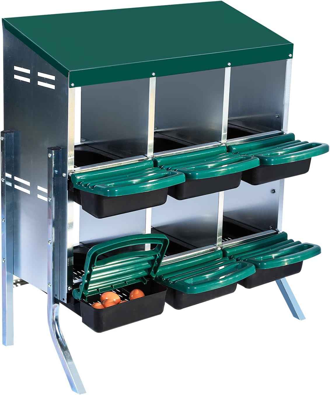 Garvee Chicken Nesting Boxes, 6 Hole Metal Chicken Laying Box with Removable Trays and Roll Out Egg Collection for Chicken Coop, Green, with Metal Legs