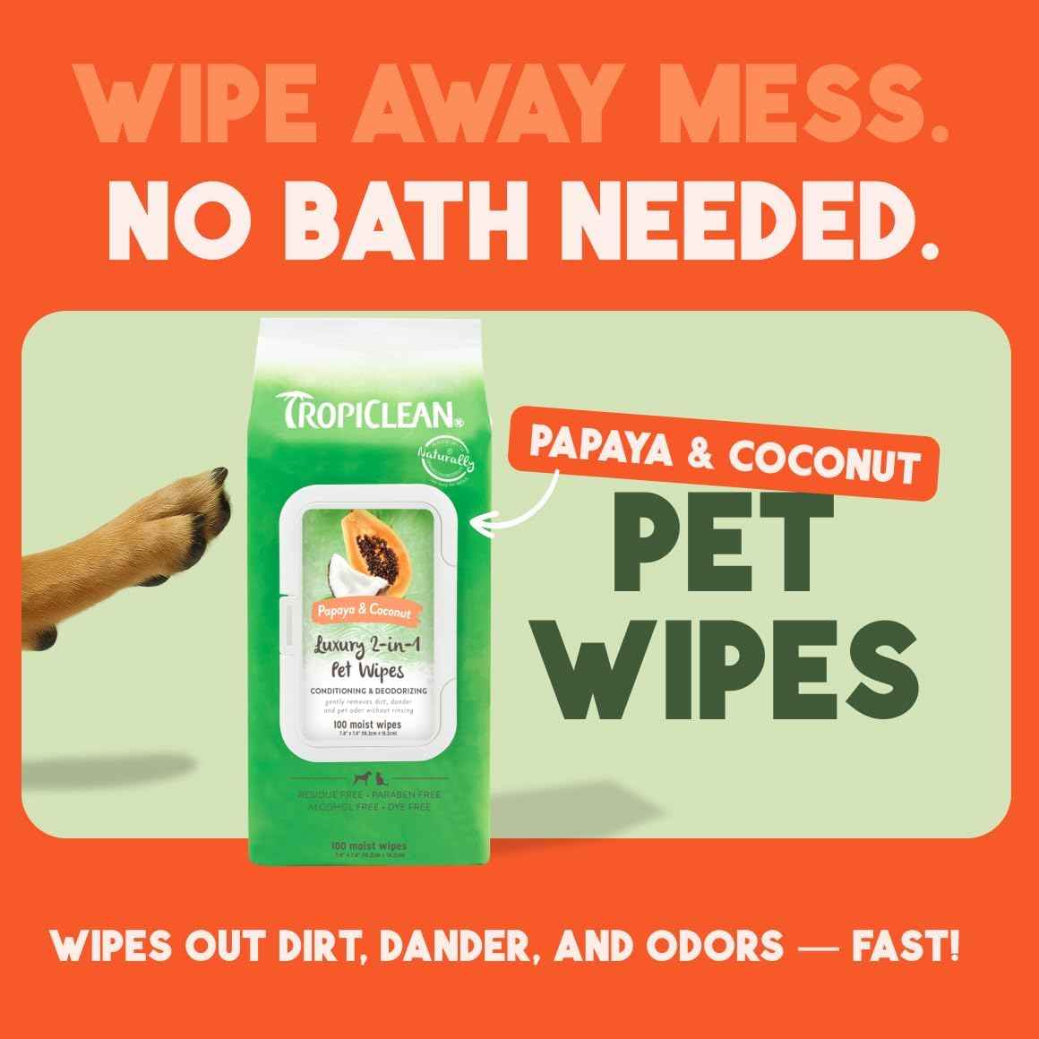 TropiClean Papaya & Coconut Dog Wipes for Paws and Bottom | Deep Cleaning Dog Grooming Wipes | Safe for The Face | Cat Friendly | 400 Count