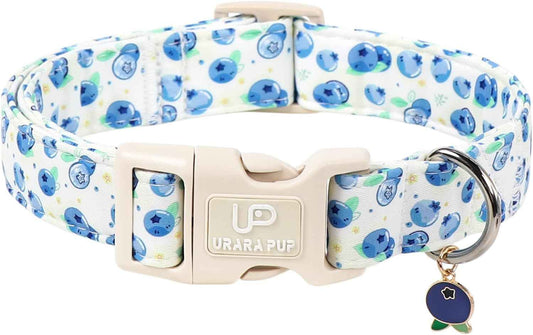 Blueberry Dog Collar, Summer Spring Cotton Dog Collar, Cute Fruit Pattern Adjustable Light Blue Pet Collar, Lightweight Durable Quick Release Buckle with Charm for Male Female Dogs