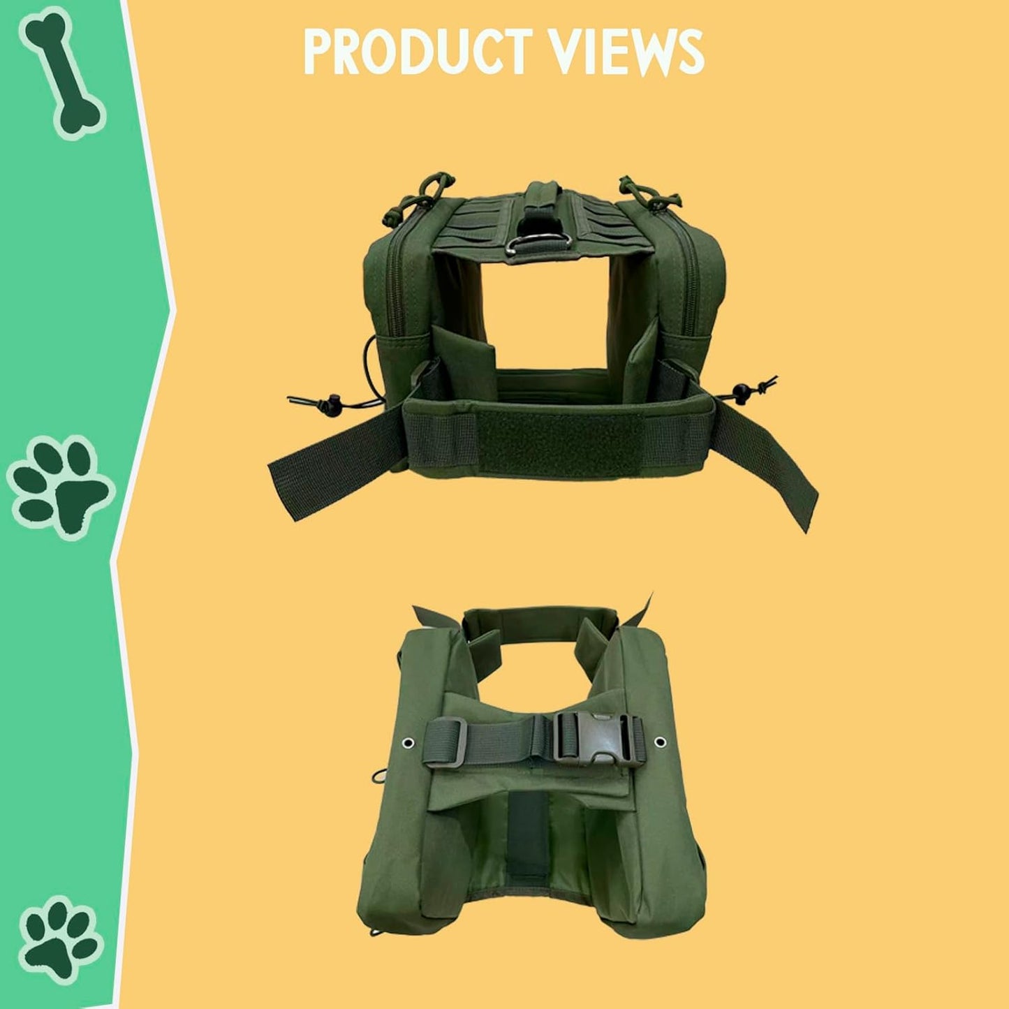 Tactical Dog Backpack Harness – Large, Army Green, 2 Ample Side Pockets | Water Resistant Saddle Bags for Hiking & Camping, Sturdy Vest Fits Medium & Large Dogs