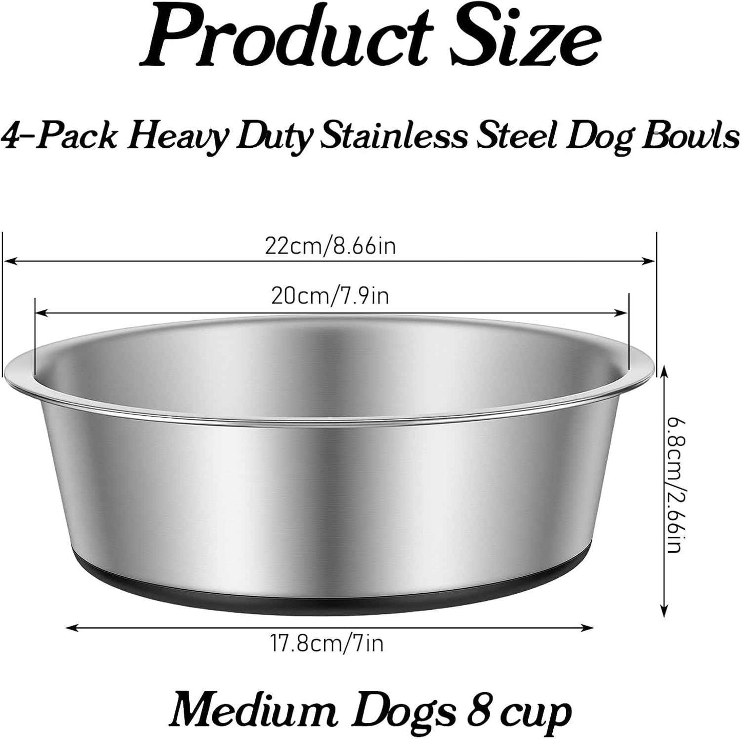 4-Pack Heavy Duty Stainless Steel Dog Bowls with Non-Slip Base – 8 Cup (64 oz) Rust-Resistant Metal Food & Water Dishes for Medium & Large Dogs