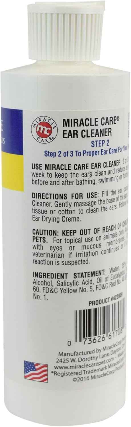 Miracle Care Ear Cleaner for Dogs and Cats, 8 Ounce, Reduces Ear Odor and Waxy Build Up, Gentle and Non Staining