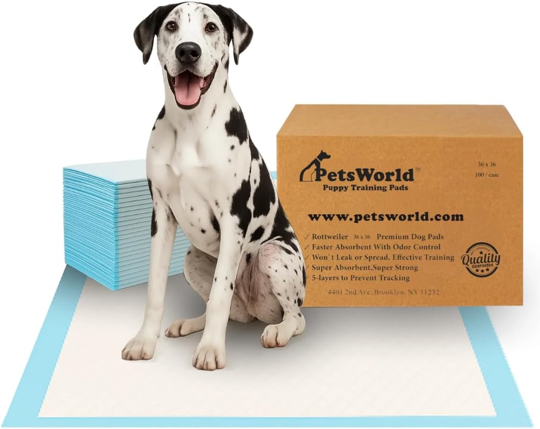 PETSWORLD Giant Dog Potty Pads, Odor-Eliminating, 36" x 36", Ultra Absorbent 5-Layer Leak-Proof Training Pads for Dogs & Cats (36x36, 100 Count)