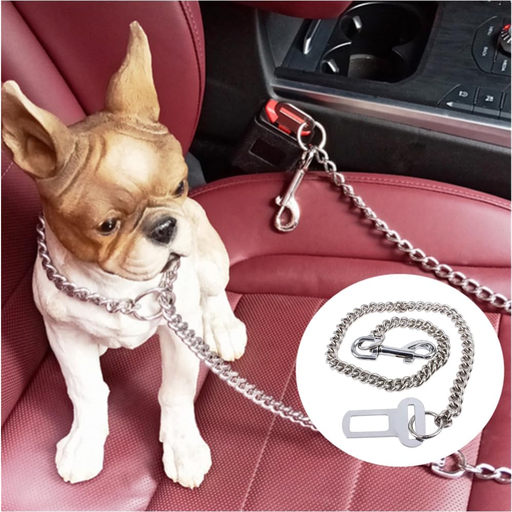 Stainless Steel No chew Dog Car Seat Belt, Stainless Steel Dog Car Seat Belt Vehicle Travel Dog Harness Dog Chain Pet Vehicle Safety Restraint Cable for Puppy Small Medium Large Dogs(60cm)
