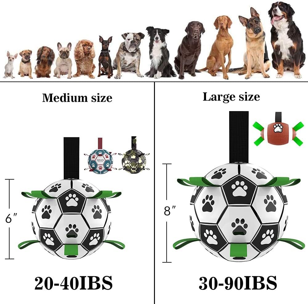 QDAN Dog Toys, Soccer Ball with Straps, World Cup Interactive Toys for Tug of War, Puppy Birthday Gifts, Water Toy, Durable Dog Balls for Medium Large (8 Inch)
