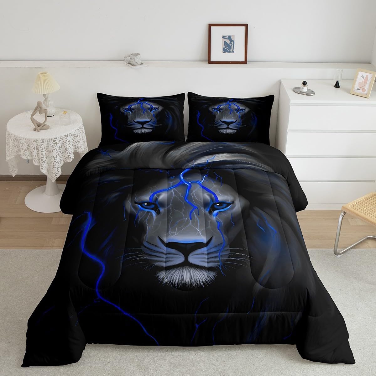 Erosebridal Boys Lion Bedding Set Full Black Blue Lightning Lion Comforter Set for Kids Teen Men Room Decor,Retro Safari Wildlfie Down Comforter African Wild Animal Quilt Duvet 3 Pcs