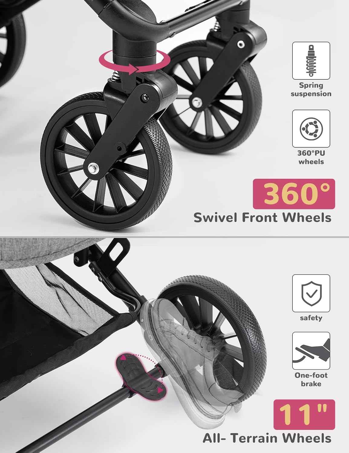 Dog Stroller for Small Medium Dogs Up to 60lbs, 4 Wheels Folding Pet Stroller with Detachable Carrier, Pet Travel Carrier for 2 Dogs & Cats, Storage Basket, Breathable, Grey
