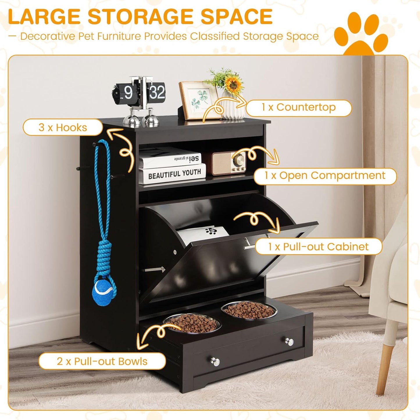 Tangkula Pet Feeder Station, Dog Food Storage Container With Double Pull Out Bowls, Food Toy Organizer Cabinet, Feeding Station Furniture for Dogs Cats Feeding & Watering Supplies (Brown)