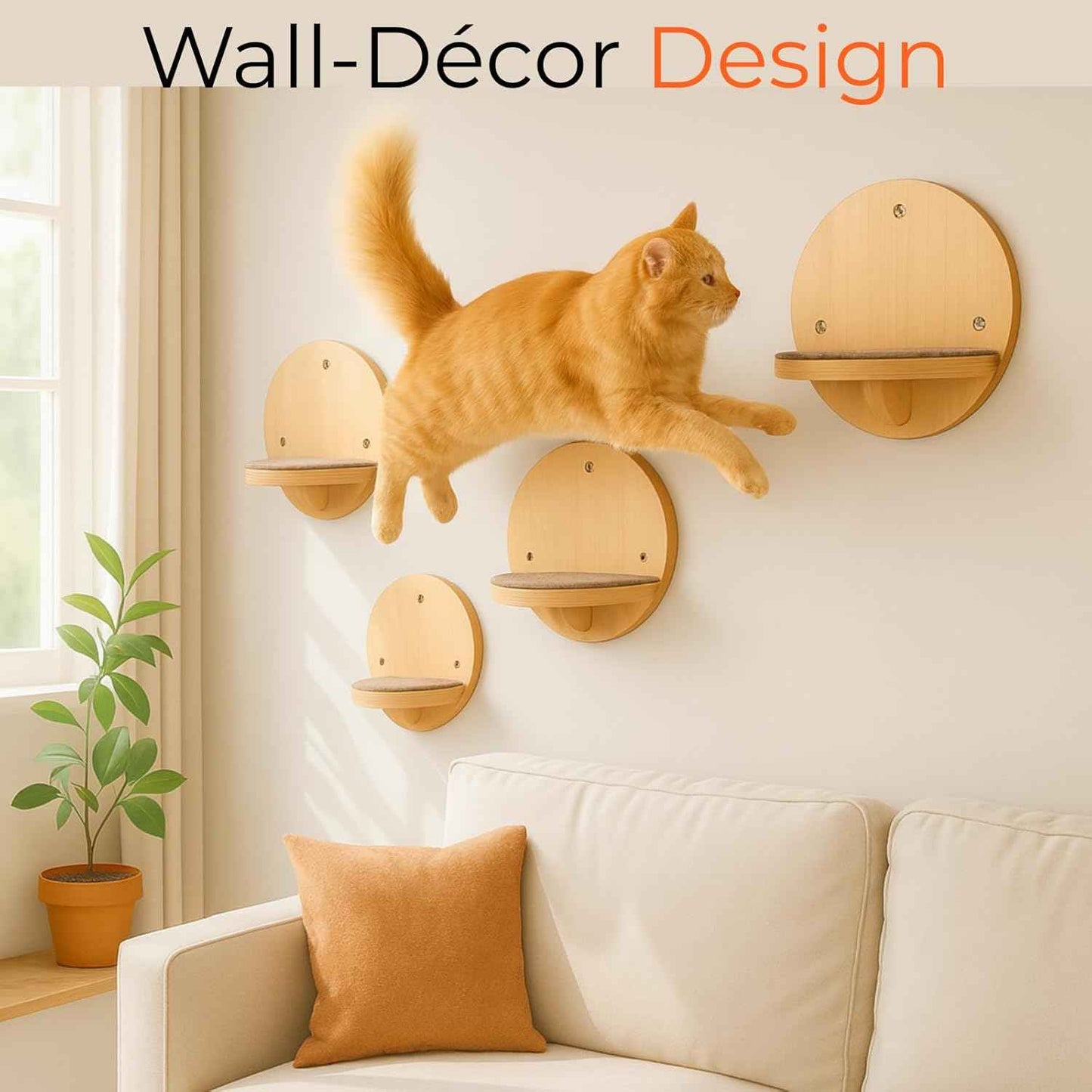 Cat Wall Shelves - Set of 4 Round Floating Wall Steps Scratch Pads, up to 20Lbs. Saving-Space Decorative Wall-Mounted Cat Furniture for Climbing, Playing & Resting - Solid Natural Wood by INSTINTO