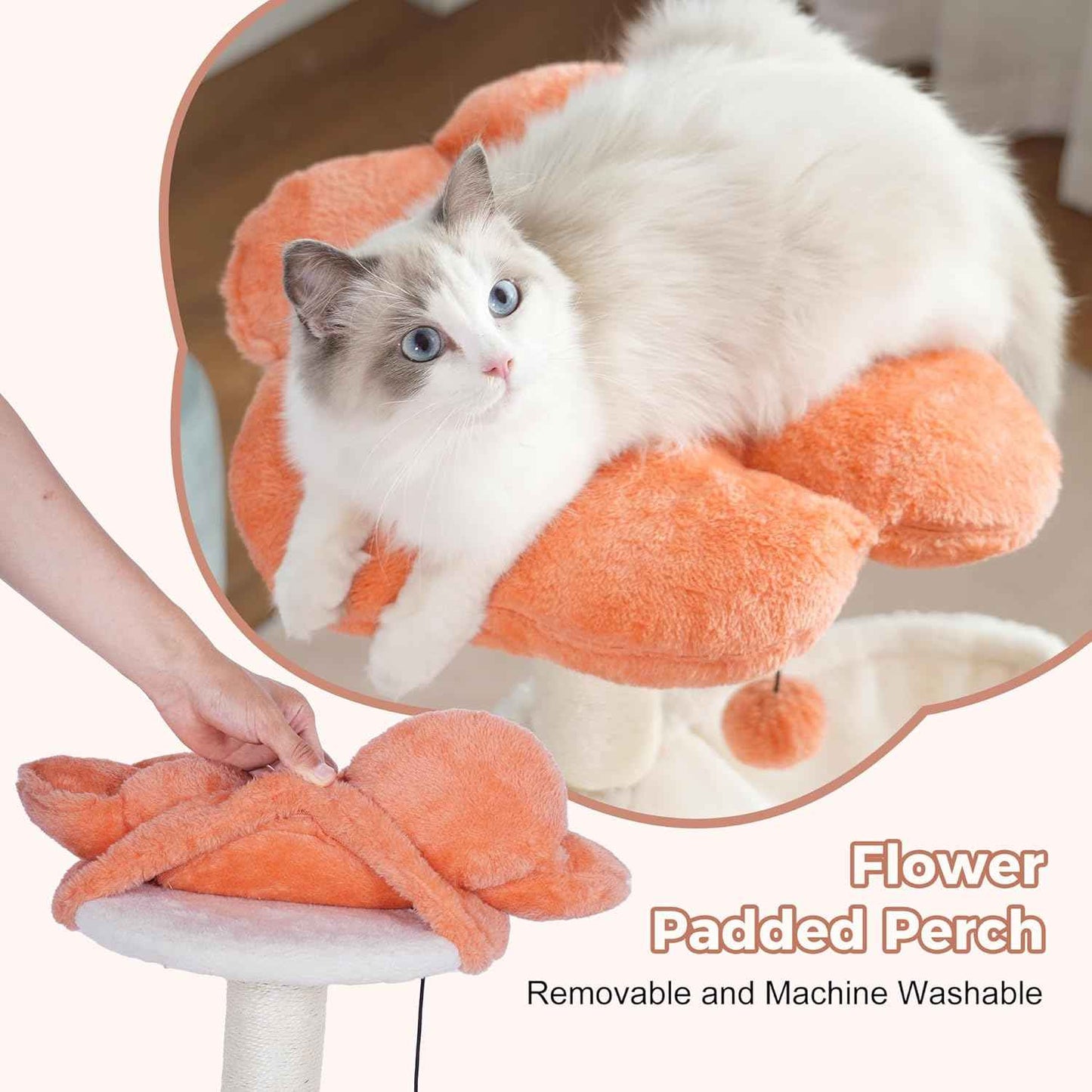 Flower Cat Tree 34" Scratching Post Small Cat Tower for Large Cats,Featuring with 15.7”Large Hammock, Removable Top Bed and Wide Condo for Indoor Cats-Beige