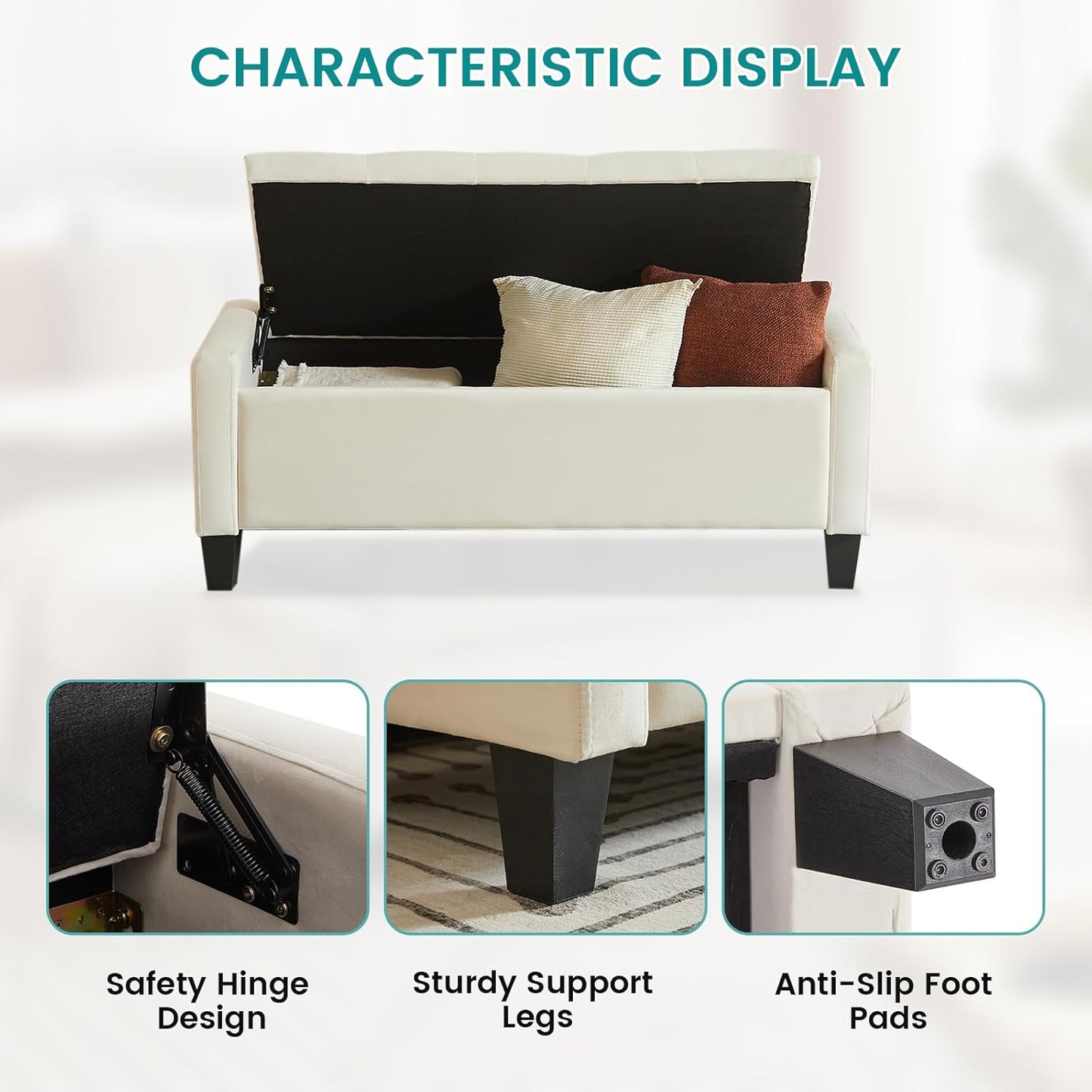 Velvet Storage Ottoman Bench for Bedroom, End of Bed Bench with Button, Side Storage Pockets, Organizer Storage Chest, Upholstered Foot Rest, Load up to 400 lb, for Living Room, Entryway, Beige