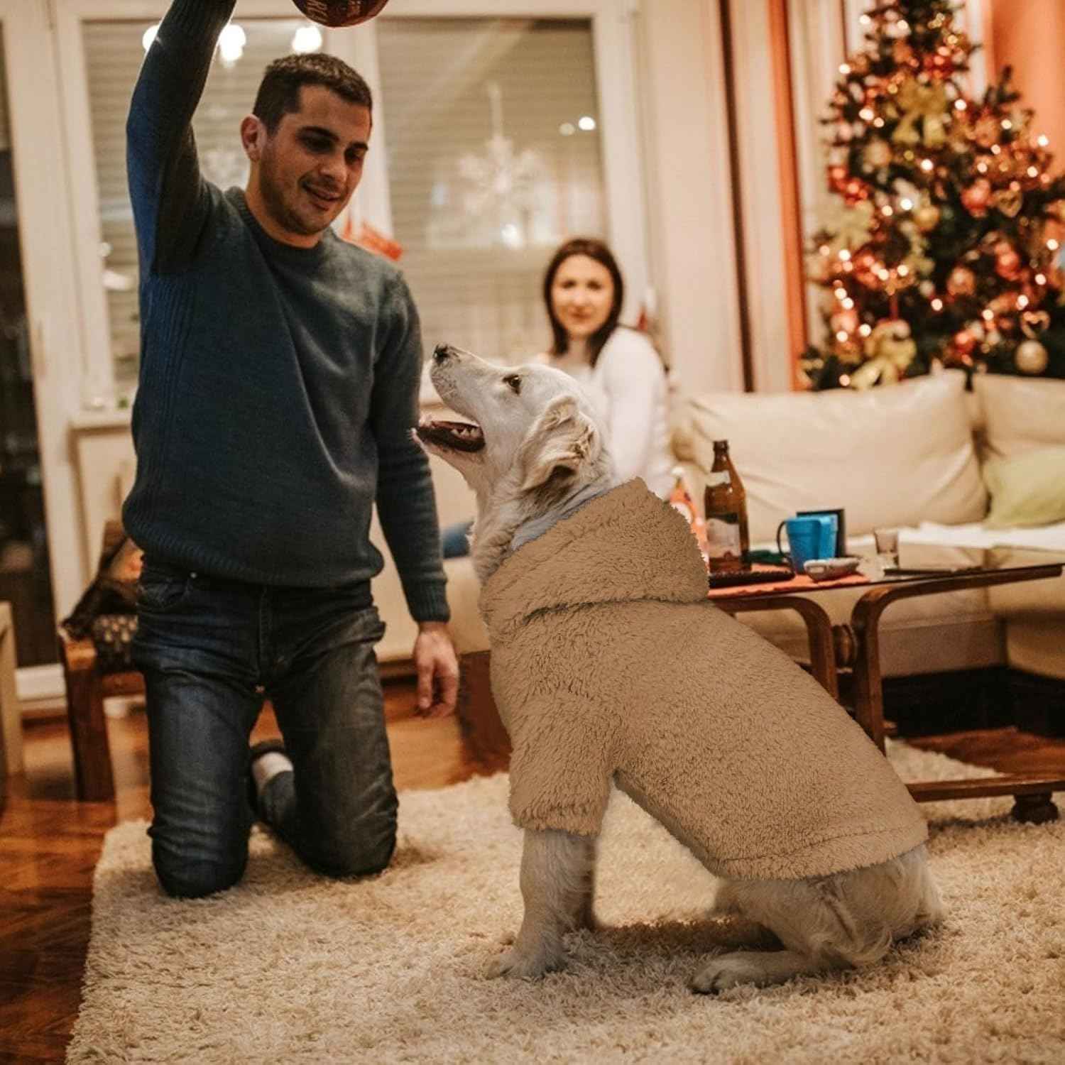 Fuzzy Dog Sweaters for Large Dogs Pet Hoodie Clothes Warm Soft Pet Coats Hooded Sweatshirt Dog Sweaters for Extra Large Dogs(Coffee-XXL)