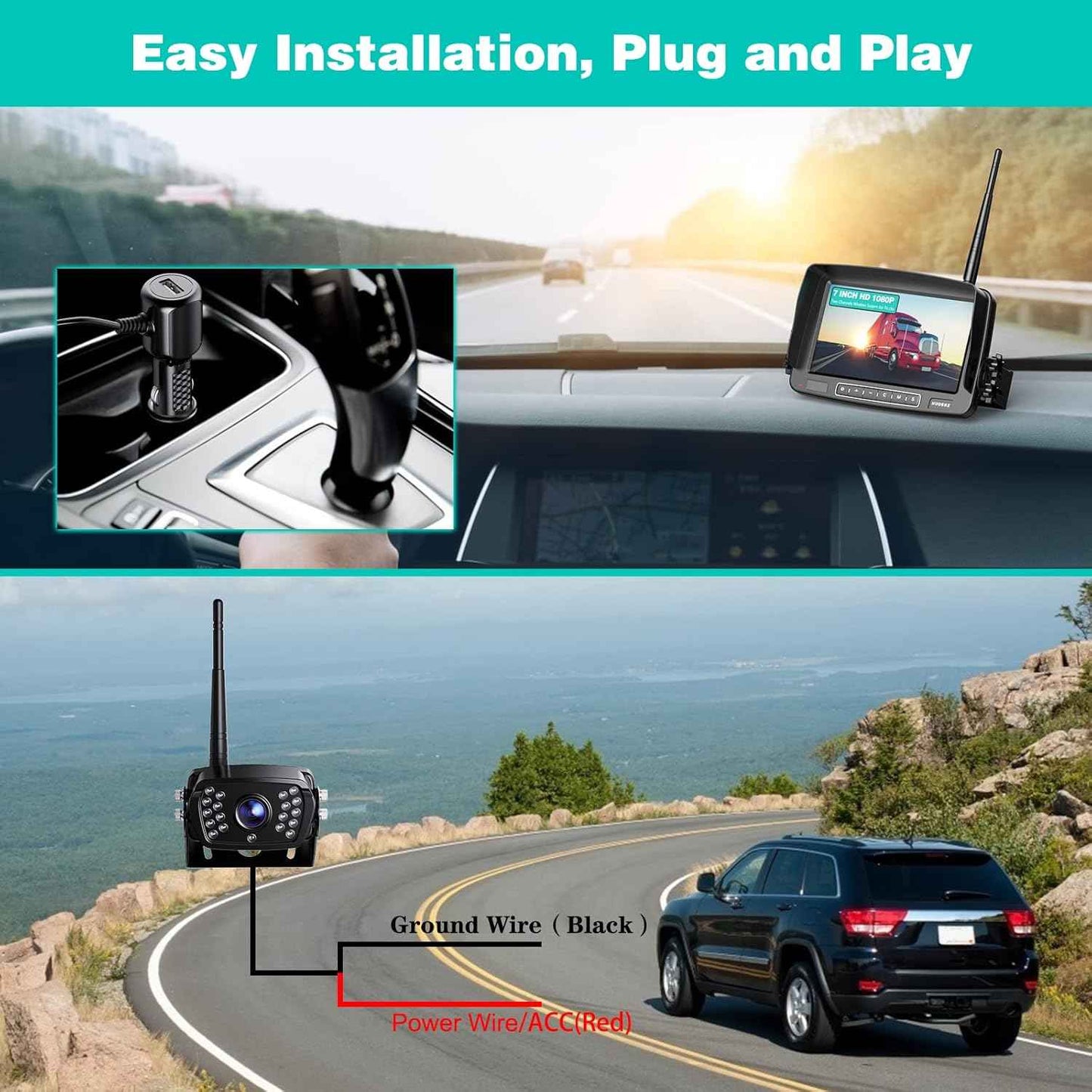 Nuoenx Wireless Backup Camera, 7 Inch Monitor Rear View Camera System for RV, Trailers, Trucks, 5th Wheels, Support 2 Cameras, IP69 Waterproof 18 LED IR Night Vision 152° View Camera, DIY Guide Lines