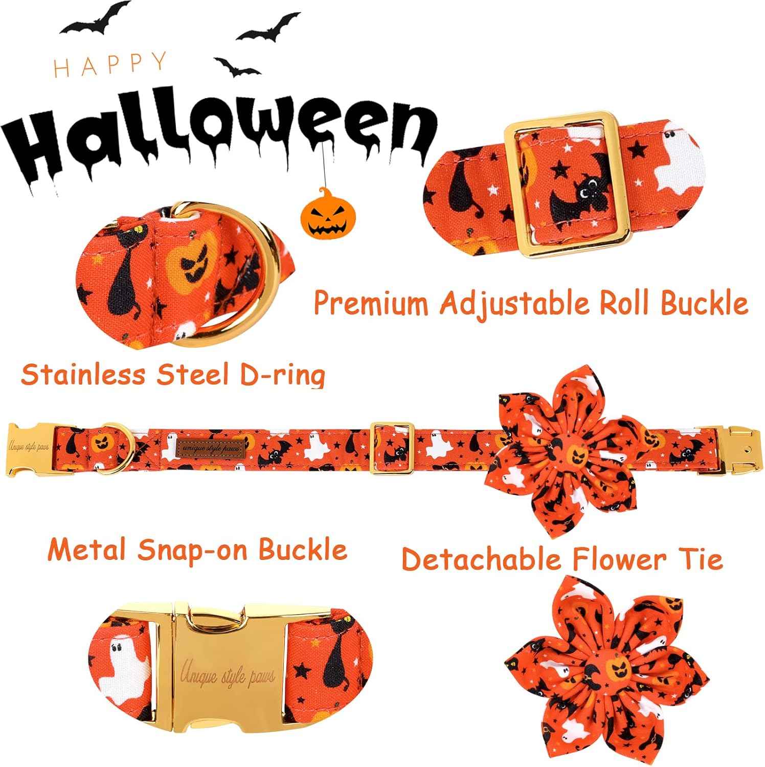 Unique style paws Halloween Dog Collar with Flower Tie Cotton Adjustable Puppy Collar for Small Medium Large Dogs-L