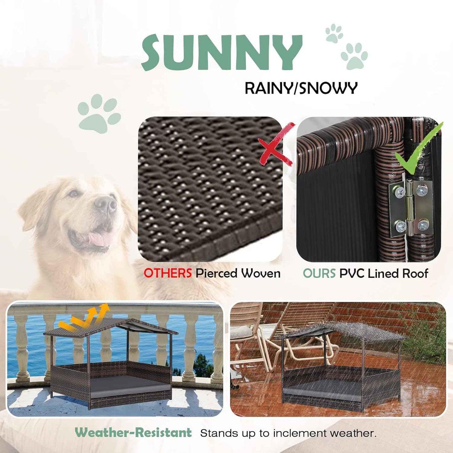 Wicker Dog Bed House, Indoor Outdoor HDPE Rattan Dog Houses, Raised Dog Cot Pet House, Elevated Pets Sofa w/Washable Cover, Waterproof Roof Shelter, Removable Cushion Lounge