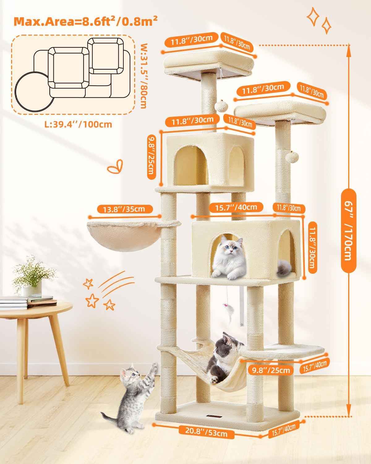 Taoqimiao Cat Tree, 66.2-Inch Cat Tower for Indoor Cats, Plush Multi-Level Cat Condo with 7 Scratching Posts, 2 Perches, 2 Caves, Hammock, 2 Pompoms, Beige MS013M