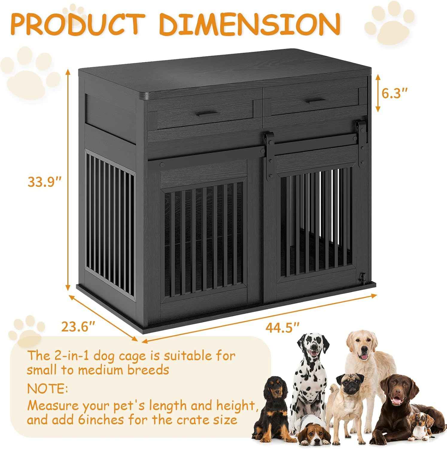 44.5" Large Dog Crate Furniture with 2 Storage Drawers,Heavy Duty Wooden Pet Kennel with Sliding Barn Door & Hook,Dog Kennel End Table TV Stand,Farmhouse Style Dog Crates for Medium/Large Dogs,Black