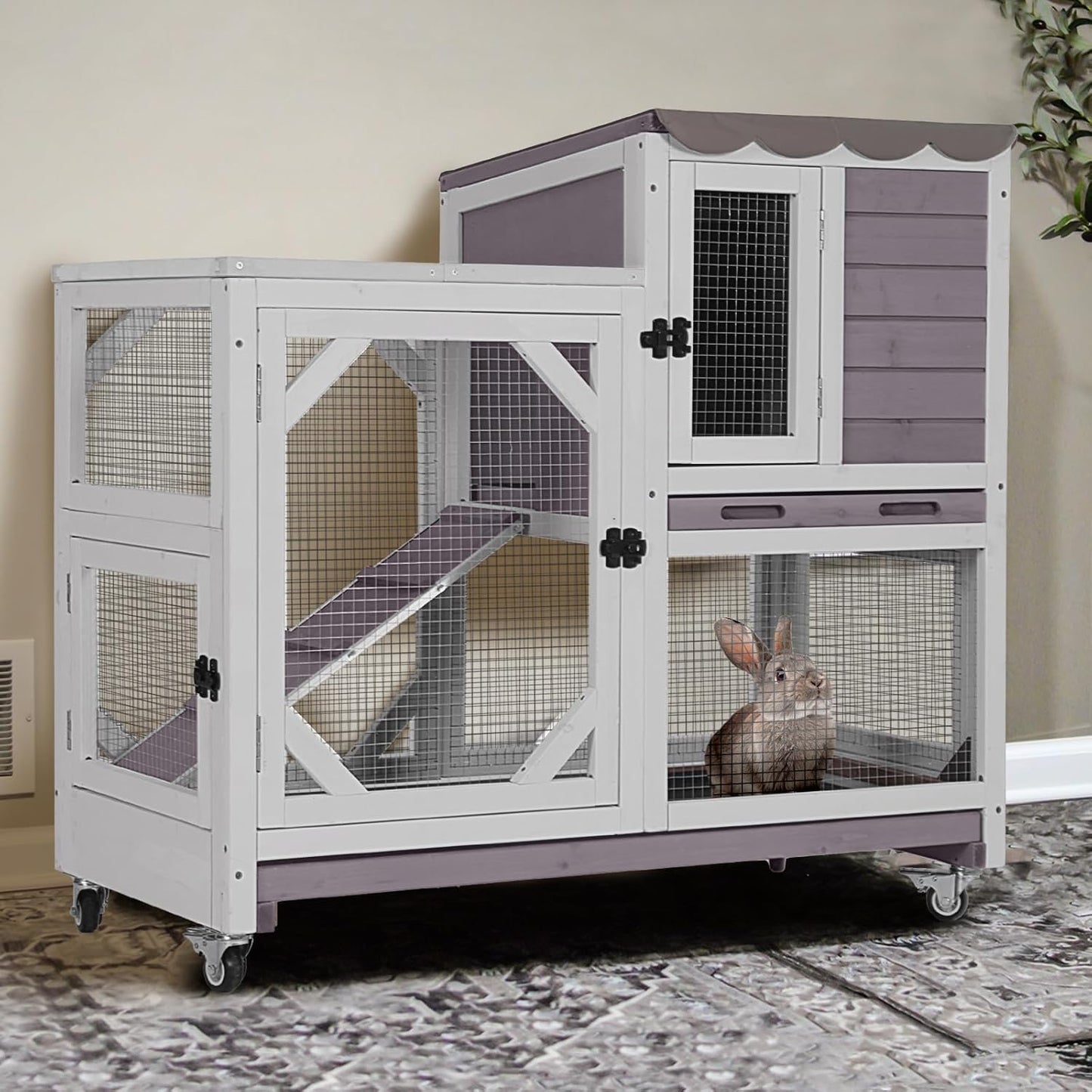 2-Story Rabbit Hutch Indoor Bunny Cage Outdoor Guinea Pig House with Chew-Proof Ramp, Leak-Proof Tray, Lockable Wheels for Rabbits, Guinea Pigs, Small Animals (Grey)