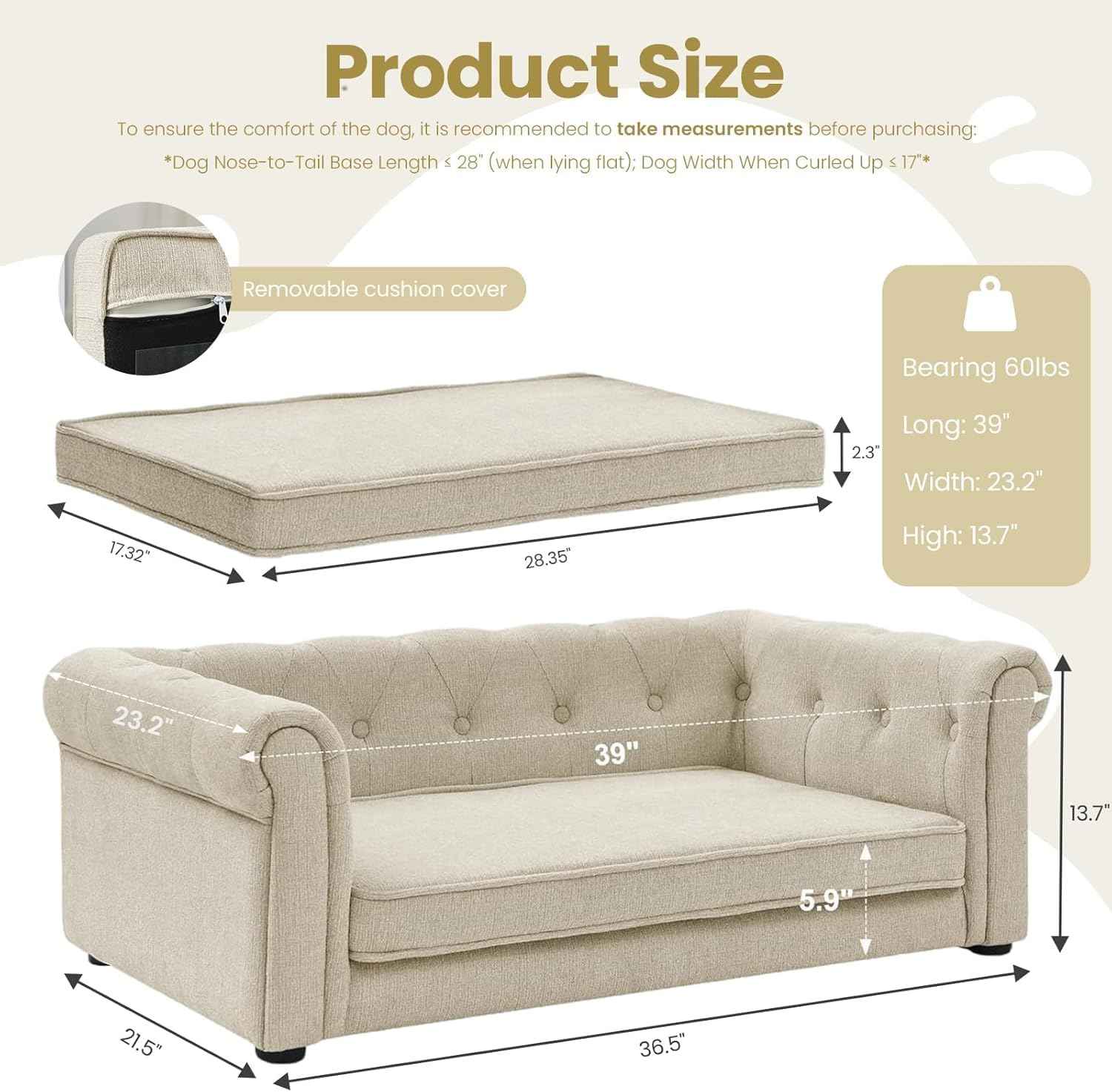 Dog Sofa Couch for Medium Dogs, 39" Memory Foam Pet Couch with Washable Fabric Removable Cushion, Sofa Bed for Medium Dogs, Beige Grey