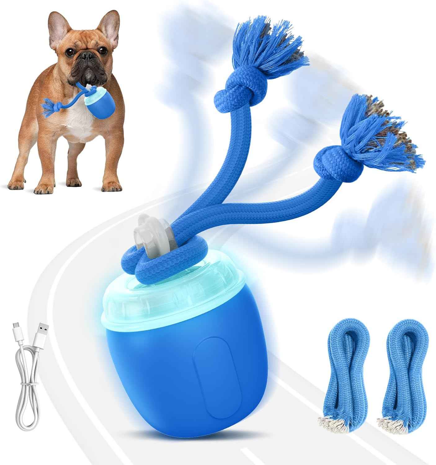 Interactive Dog Toys, Automatic Moving and Rolling Dogs Toy with Rope for Medium Large Dogs, Motion-Activated Dog Ball to Keep Them Busy(Blue)