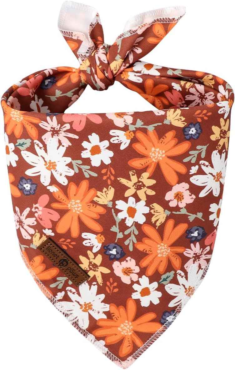 Lionet Paws Fall Dog Bandana Washable Cotton Brown Handkerchief Scarf Triangle Floral Oxalis Bandana for Small Medium Dogs Girl Boy