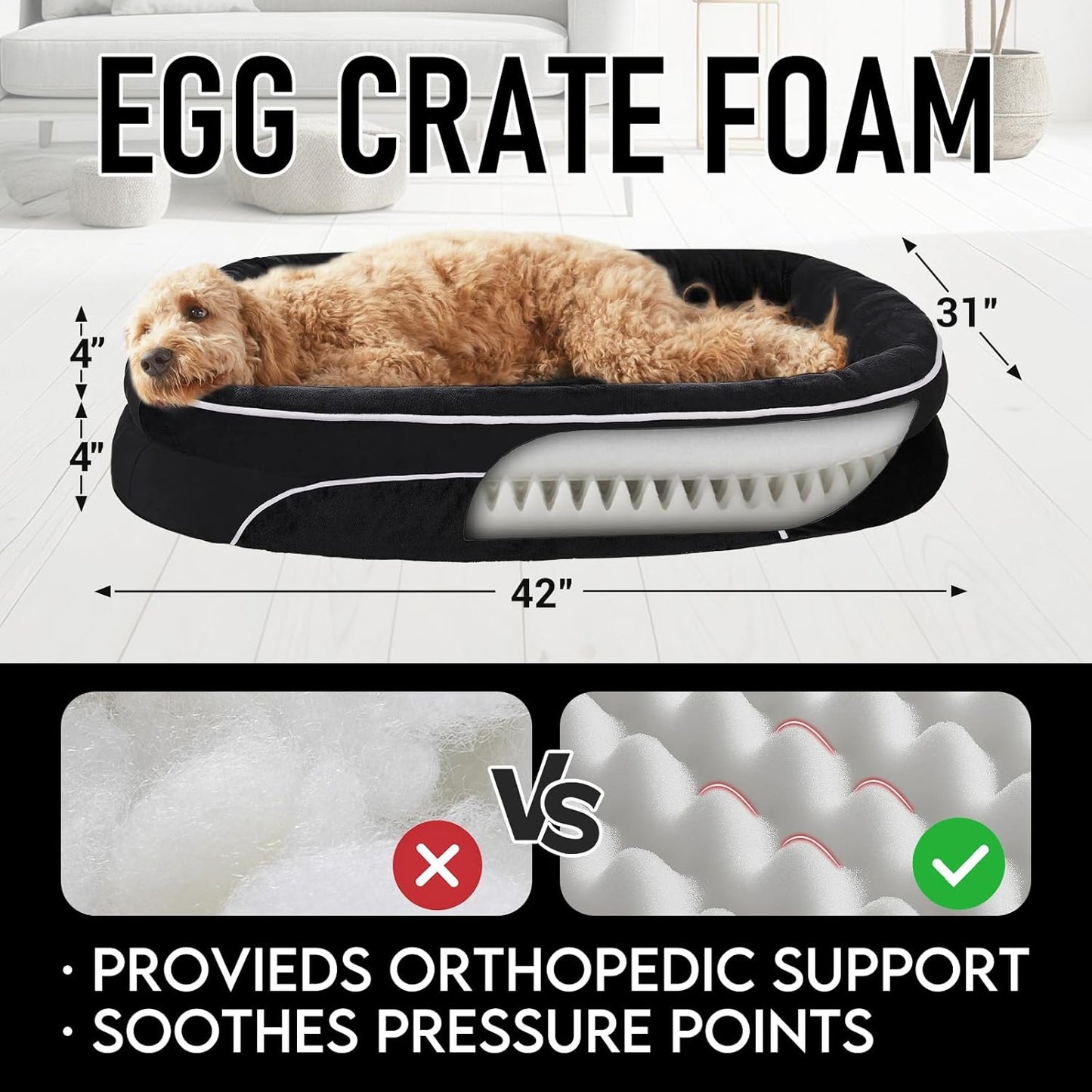 OhGeni Orthopedic Jumbo Dog Couch Pet Sofa XL Sized Cat Beds with Comfort Foam Support, Soft Comfortable Fabric, Machine Washable Waterproof Removable Cover, 42-Inch (Black)