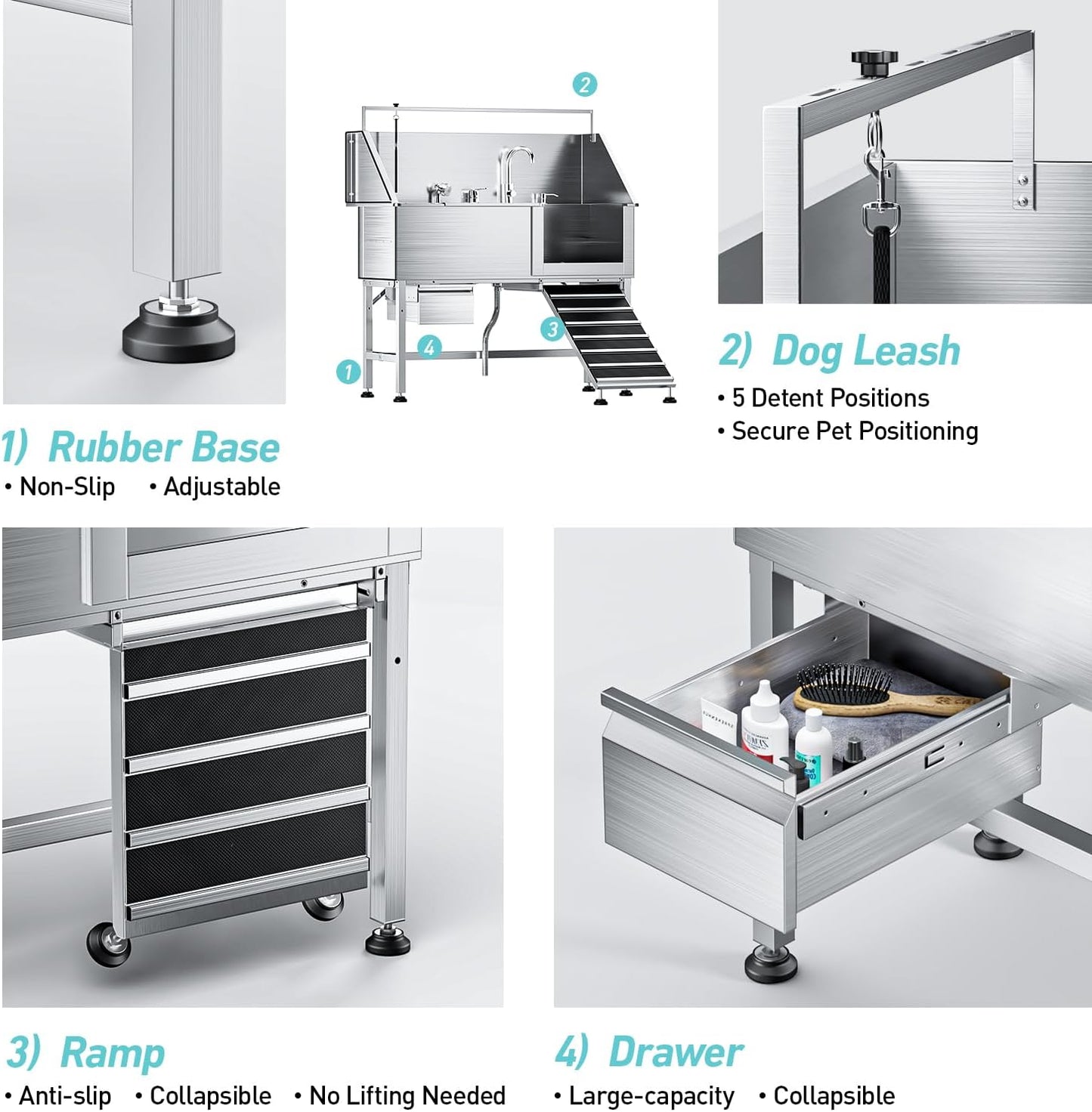 Dog Washing Station,Professional 56" Stainless Steel Dog Bathing Station for Large Dog Height Adjustable Dog Wash Station for Home Dog Grooming Tub With Drawer, Floor Grate & Fauct (Right Ramp)