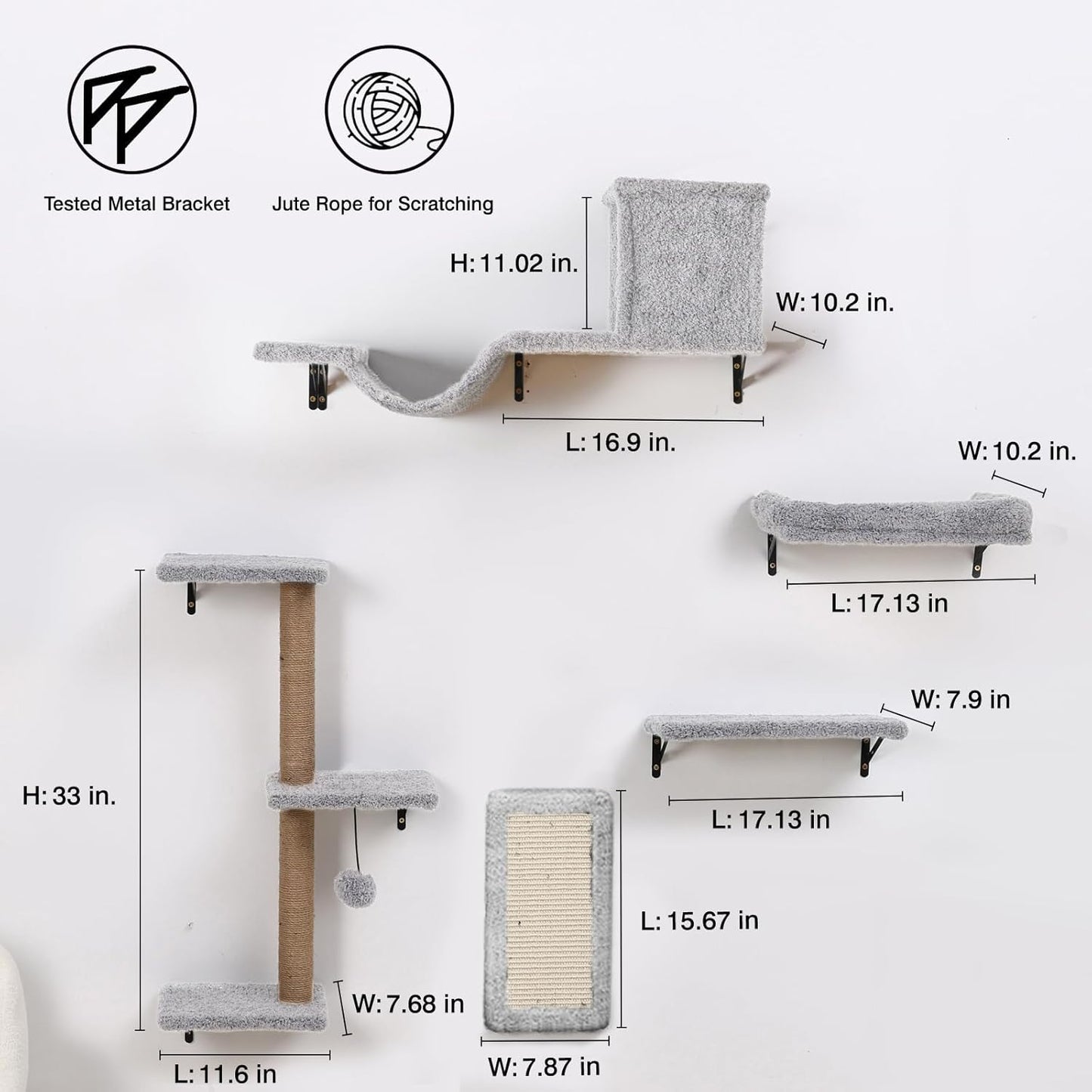 5-in-1 Cat Wall Shelves, Multi-Level Cat Climbing Furniture, Perch & Lounge for Indoor Cats, Space-Saving Wall Mounted Shelves for Play & Rest (Natural Wood) - Light Gray