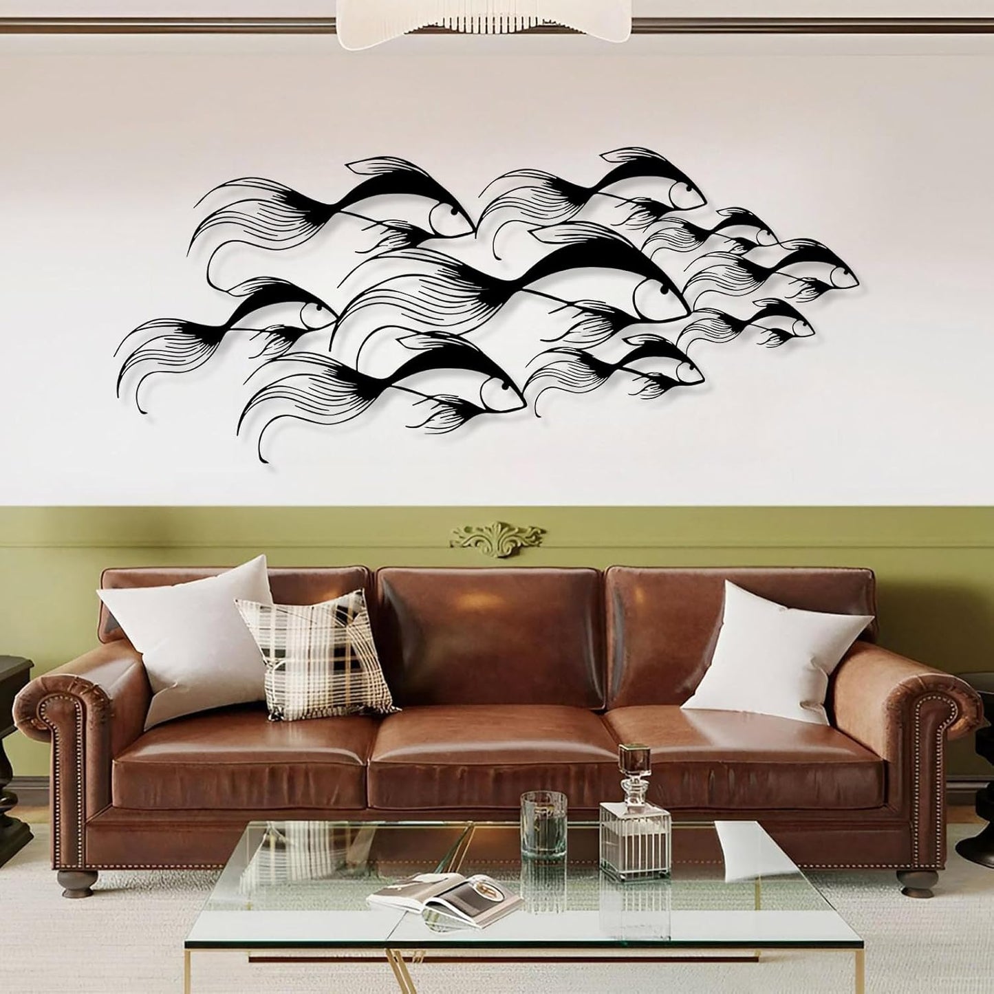 School of Fish Metal Wall Art, Metal Fish Wall Decor, Sea Life Wall Art, Large Nautical Wall Hanging, Modern Beach House Wall Decor, Ocean Themed Artwork for Bathroom (Gold, 59"x25" | 150x64cm)