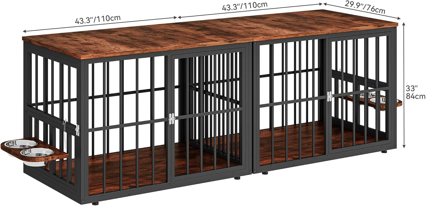88.6" Large Dog Crate Furniture, Wooden Dog Kennel with Bowls & 3 Doors, Double Crate Furniture TV Stand for Medium Large Dogs, Brown