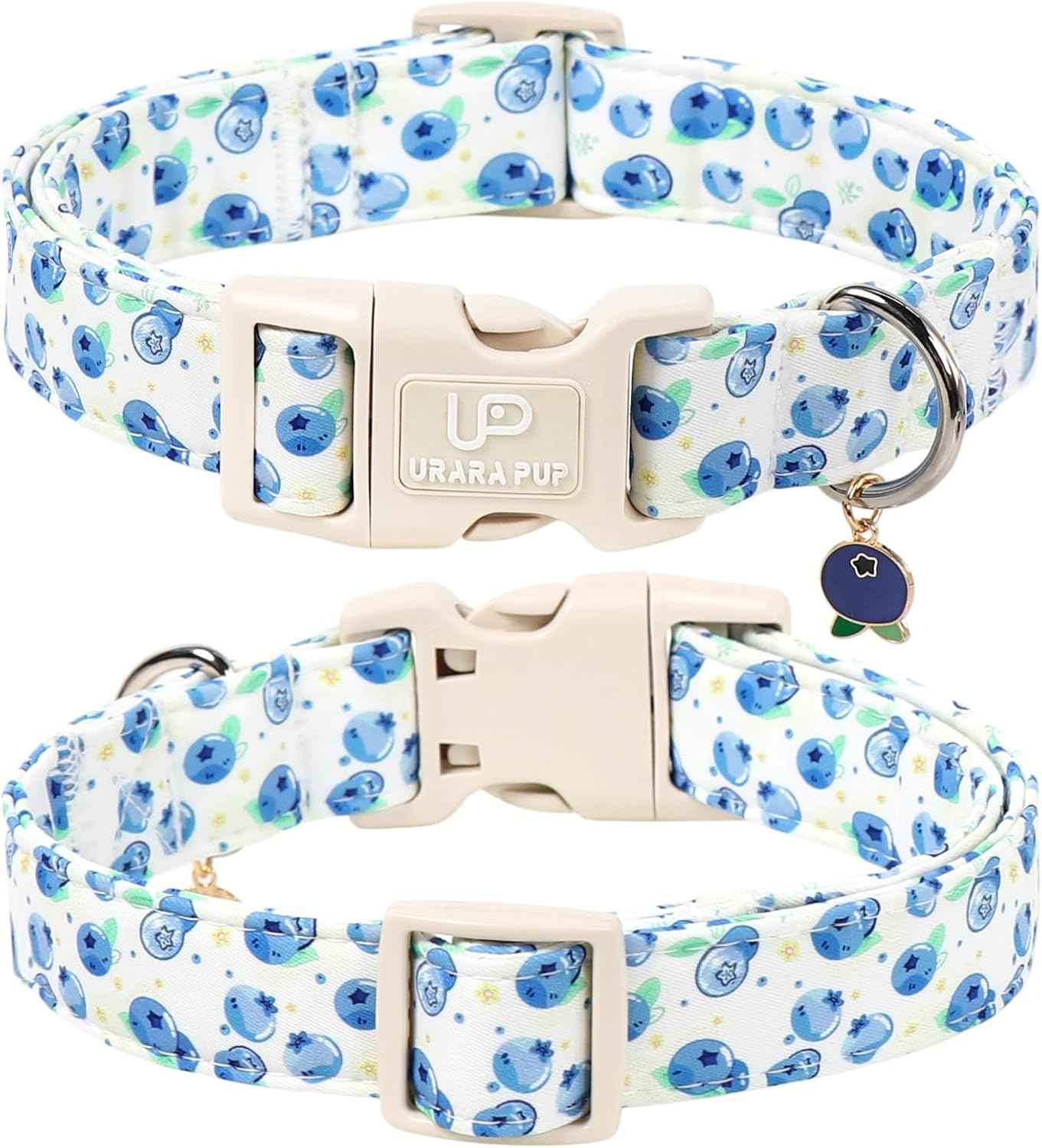 Blueberry Dog Collar, Summer Spring Cotton Dog Collar, Cute Fruit Pattern Adjustable Light Blue Pet Collar, Lightweight Durable Quick Release Buckle with Charm for Male Female Dogs
