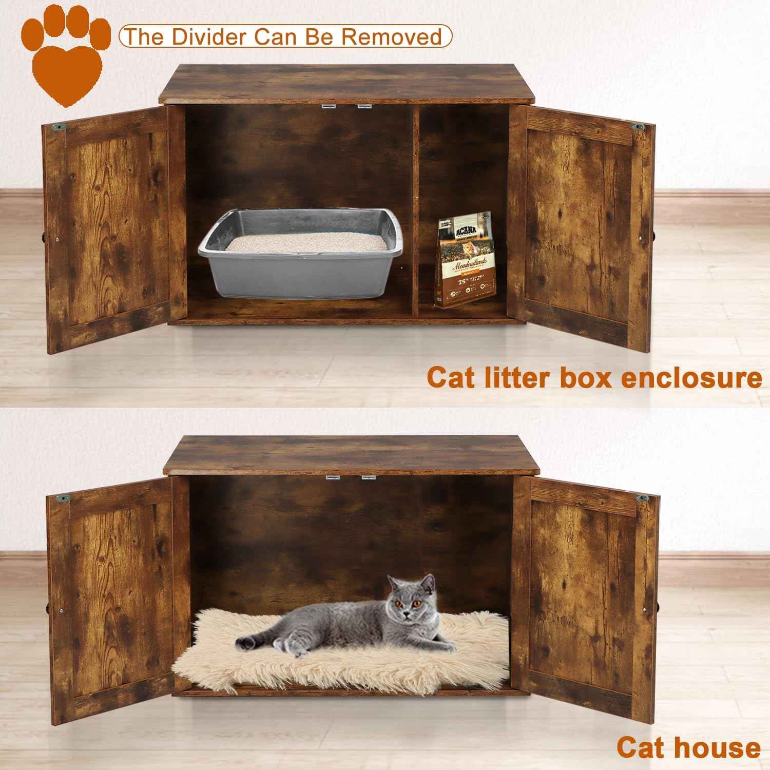 Timberer Cat Litter Box Enclosure, Litter Box Furniture Hidden with Removable Divider, Wooden Cat Washroom Furniture, Indoor Cat House, Rustic Brown