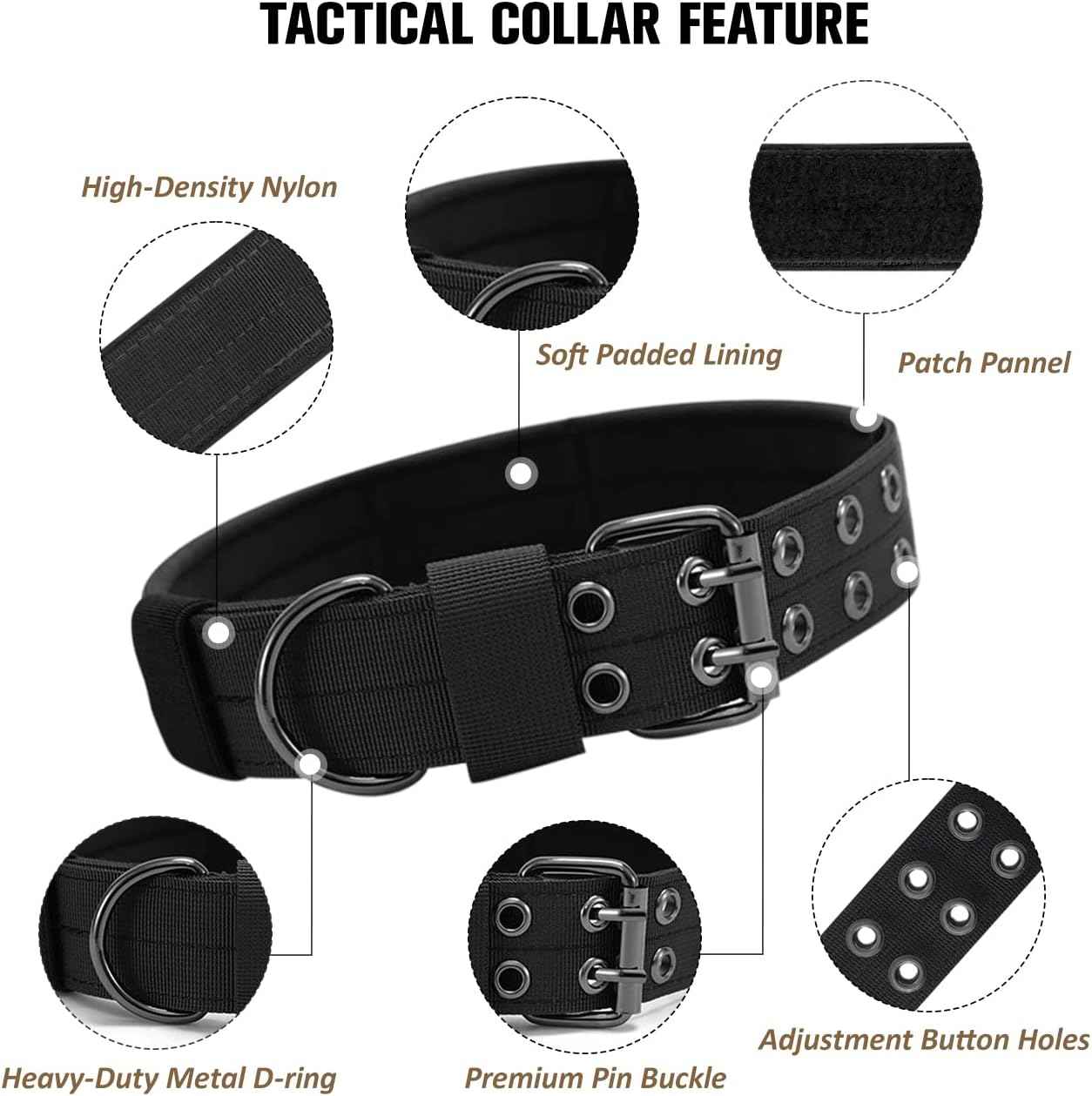 Tactical Dog Collar Military Adjustable Dog Collars Soft Nylon Training Collar with Patch Heavy Duty Metal Buckle Collars for Medium Large Dogs (Black, L)