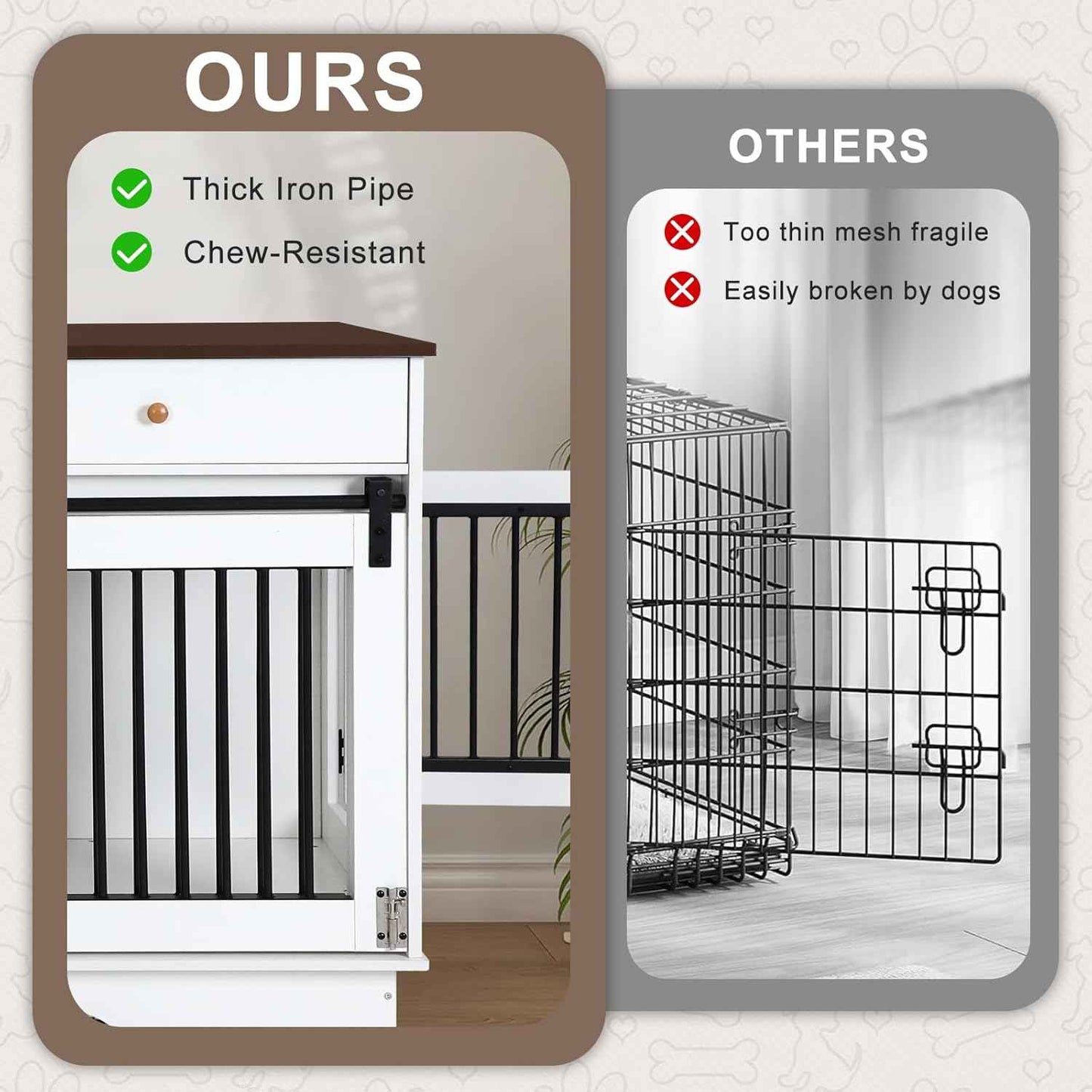 Double Dog Crate Furniture - Farmhouse Style Dog Kennel with Storage Drawers, 47.2" End Table Dog Cage, Removable Divider for 2 Small/Medium Dogs or 1 Large Dog Indoor Use for Living Room
