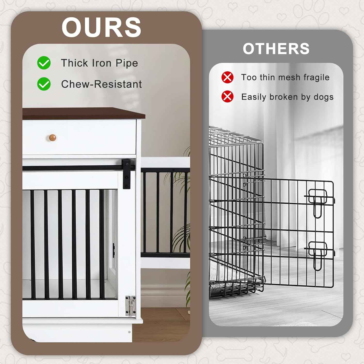 Double Dog Crate Furniture - Farmhouse Style Dog Kennel with Storage Drawers, 47.2" End Table Dog Cage, Removable Divider for 2 Small/Medium Dogs or 1 Large Dog Indoor Use for Living Room