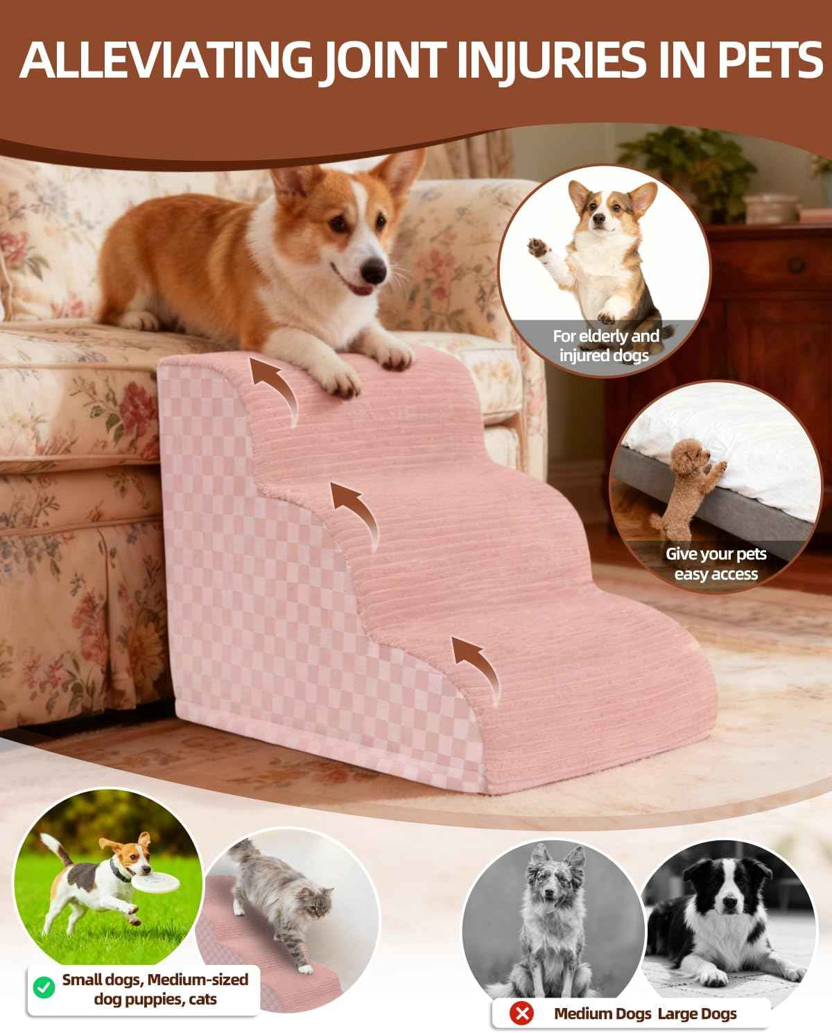 Dog Curved Stairs for High Beds 22" H, 5-Step Pet Stairs for Small Dogs with High Density Foam, Dog Slope Stairs with Durable Non-Slip Bottom Pink