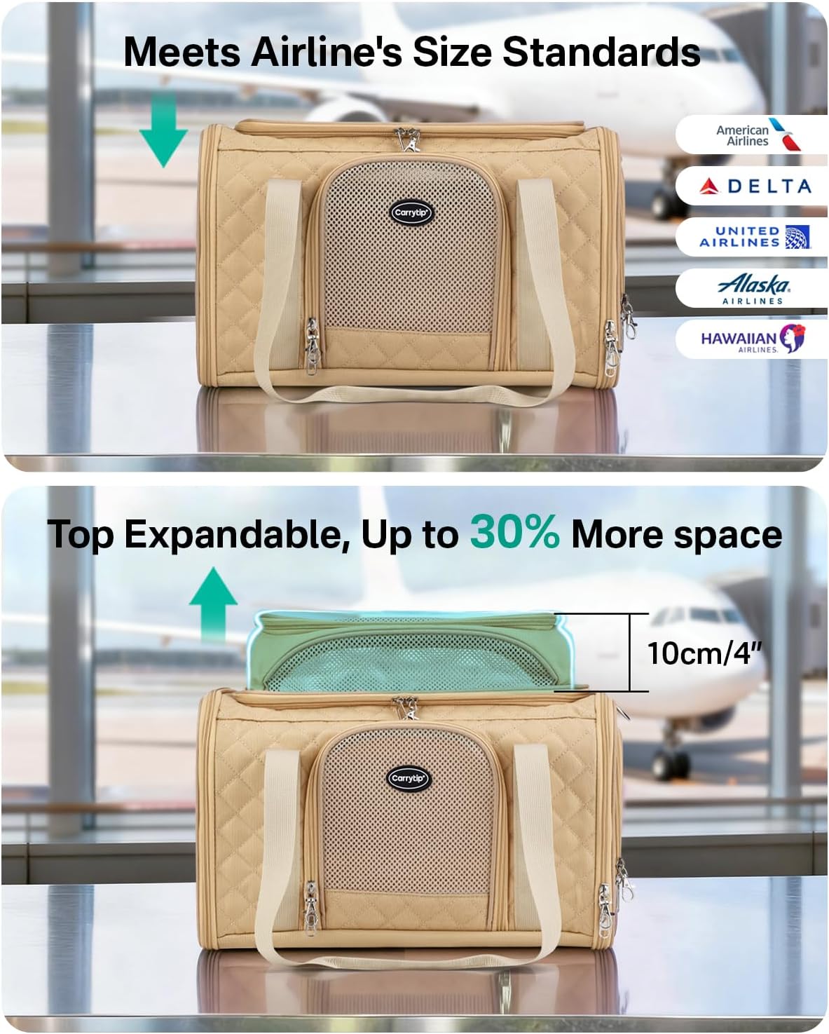 Cat Carrier Airline Approved 17x11x9.5 Inches, Top Expandable Soft Sided Pet Travel Carrier for Cats & Small Dogs, Fits Under Airline Seat with Locking Zippers, Brown