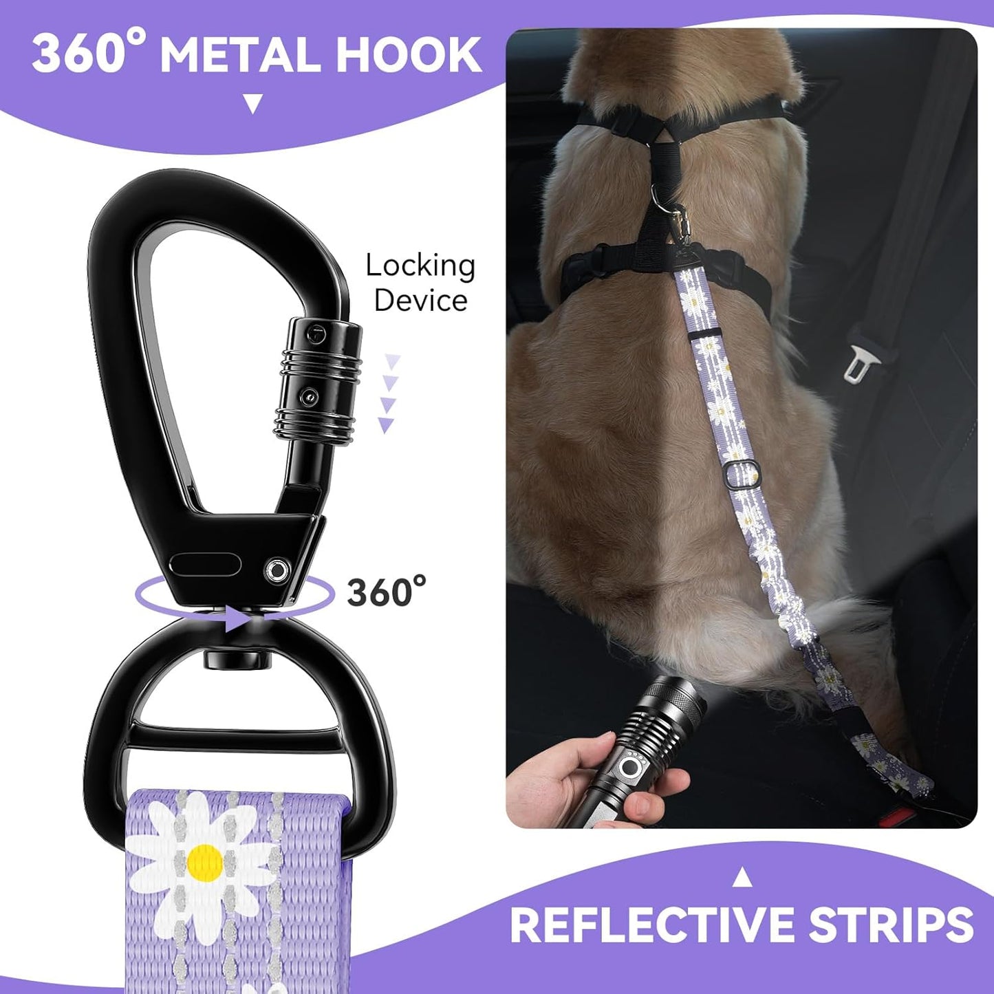 Pawaboo 2Pack Dog Seatbelt for Car, 3-in-1 Dog Car Seat Belt Bungee, Dogs Tether for Cars with Buckle & Hook Latch, Adjustable Reflective Dogs Cars Harness Leash with 360° Lockable Buckle,Light Purple