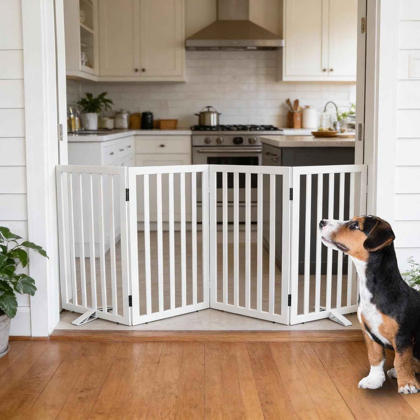 Dog Gate Indoor, Freestanding Dog Fence for The House, Doorways, Hallways,or Stairs,Pet Gate Foldable Wooden,Expandable 32" Height 4 Panels,White