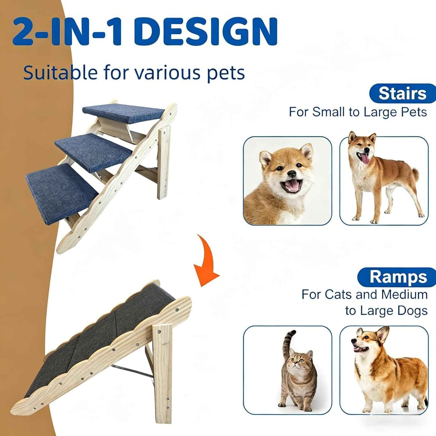 Wooden Dog Stairs, 2-in-1 Floded Flat Design Dog Steps for Beds Cars Couch, Anti-Slip Pet Ramp with 3 Steps, Indoor Pet Stairs for Small Medium Large Pet, up to 150 lbs