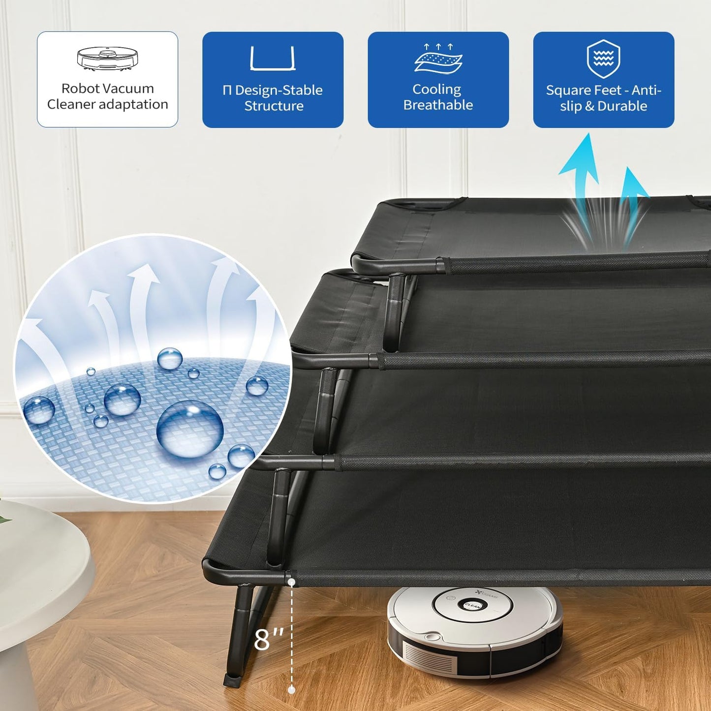 Cooling Elevated Dog Bed, Raised Outdoor Dog Bed Waterproof Pet Beds Cots Stable and Easy Assembly, Teslin Fabric with 1.2mm Thick Iron Frame, Breathable, Ultra-Sturdy，Black, 48 * 32 * 8.7