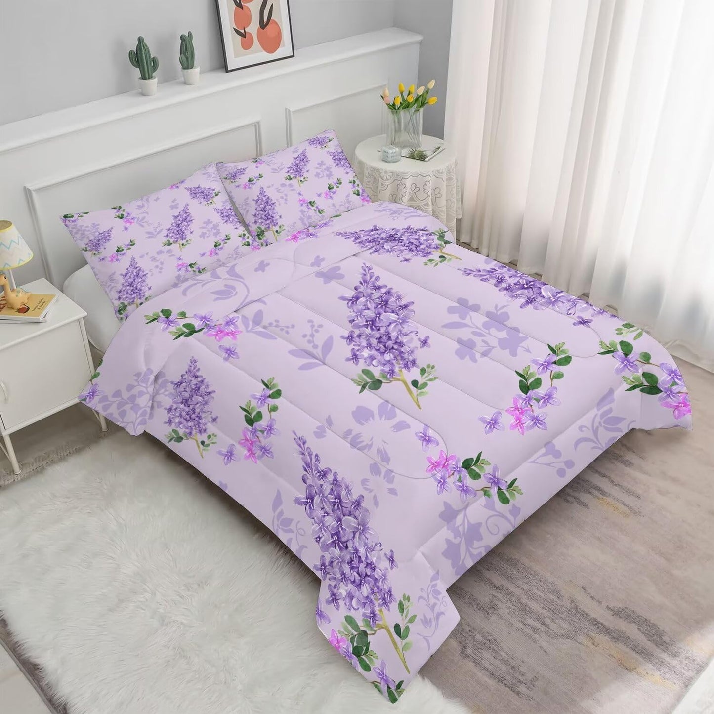 Floral Bedding Set Full : Purple Lilac Flower Comforter Set for Girls Women Kids Teens Bedroom Bed Bedspread Quilt,1 Comforter,2 Pillow Cases