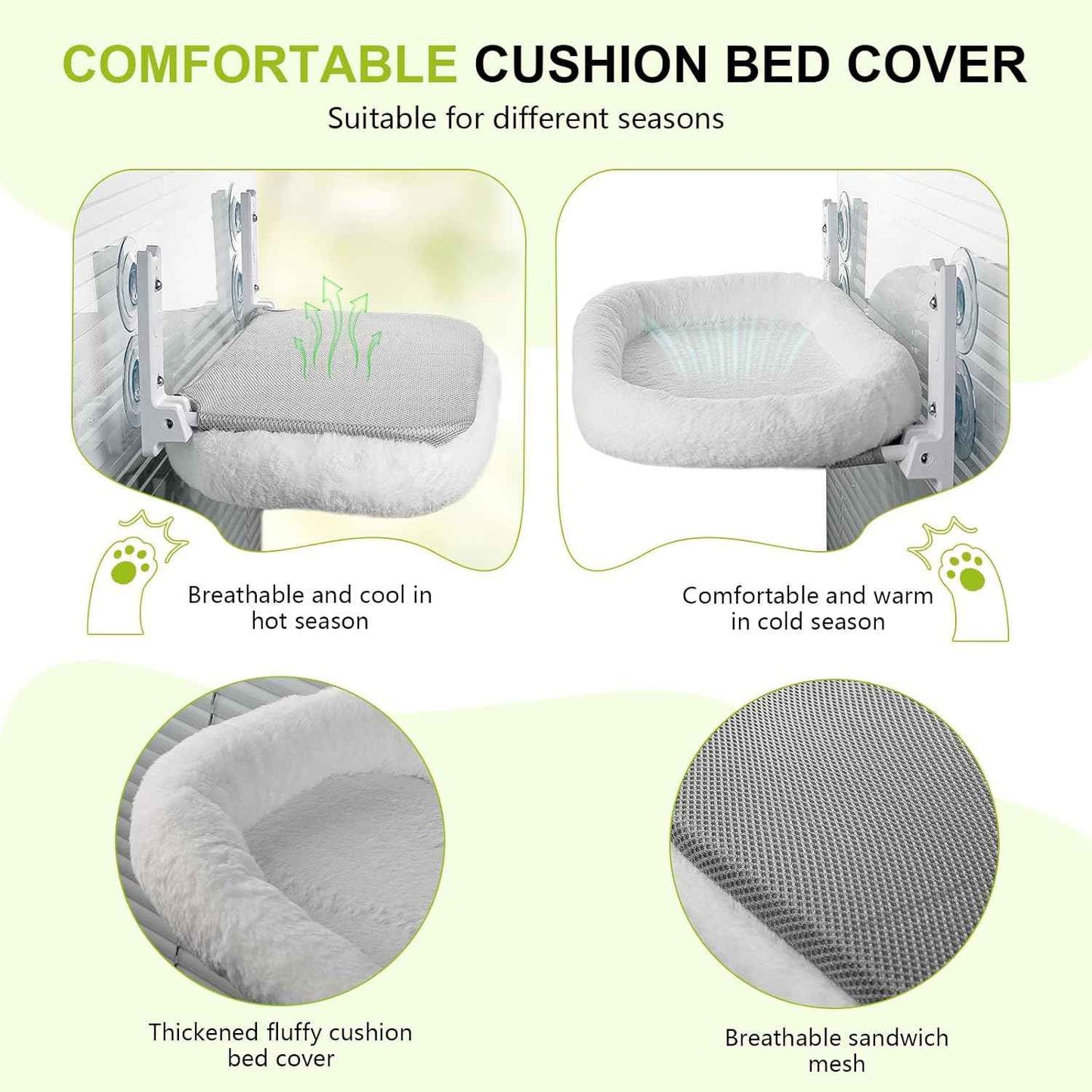 Cat Window Perch, Cordless Cat Hammock, Foldable Cats Window Bed for Large Cats with 4 Strong Suction Cups, Solid Metal Frame and Removable Cushion Bed Cover