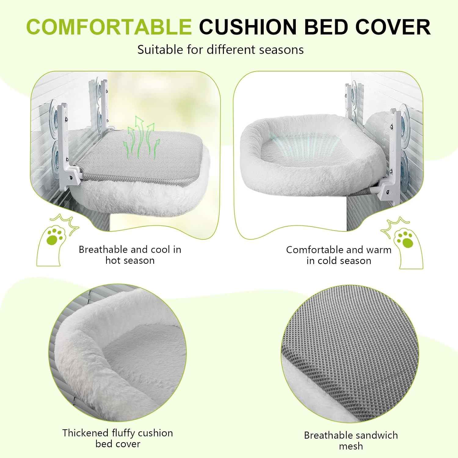 Cat Window Perch, Cordless Cat Hammock, Foldable Cats Window Bed for Large Cats with 4 Strong Suction Cups, Solid Metal Frame and Removable Cushion Bed Cover