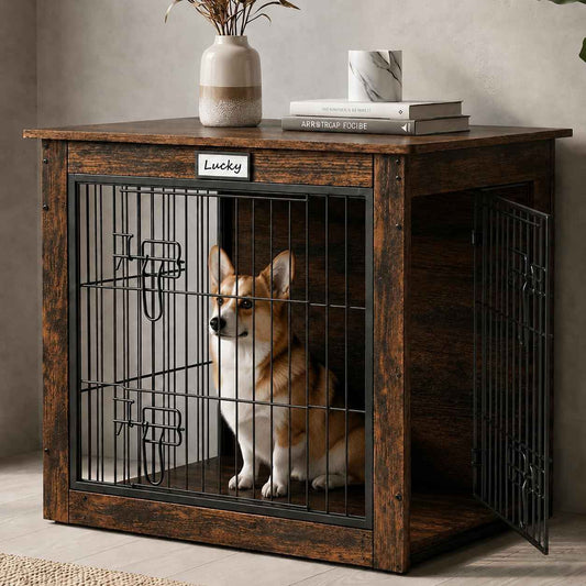 Dog Crate Furniture with Reversible Side Door, 28'' Heavy Duty Wooden Dog Kennel Indoor for Small Medium Dogs, Furniture Style Dog Cage with Double Locks, Steel Mesh, Rustic End Table Dog Crate
