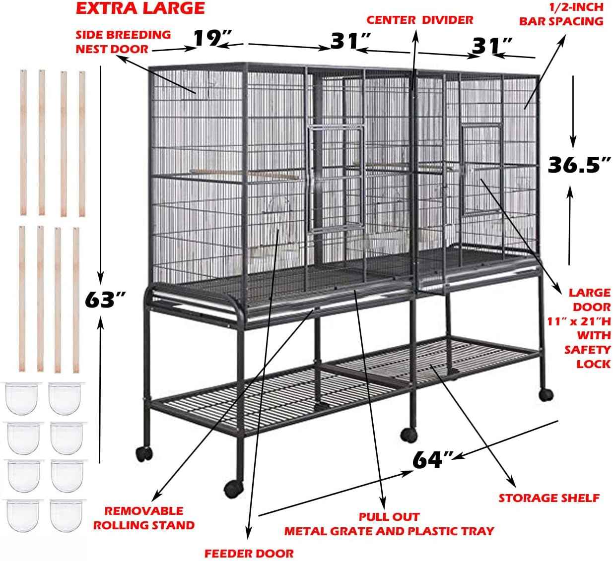 Extra Large Double Birdhouse Treehouse Bird Flight Parrot Center Divider Cage Feeder Doors Side Breeding Doors Easy Clean Pull Out Tray with Detachable Rolling Stand