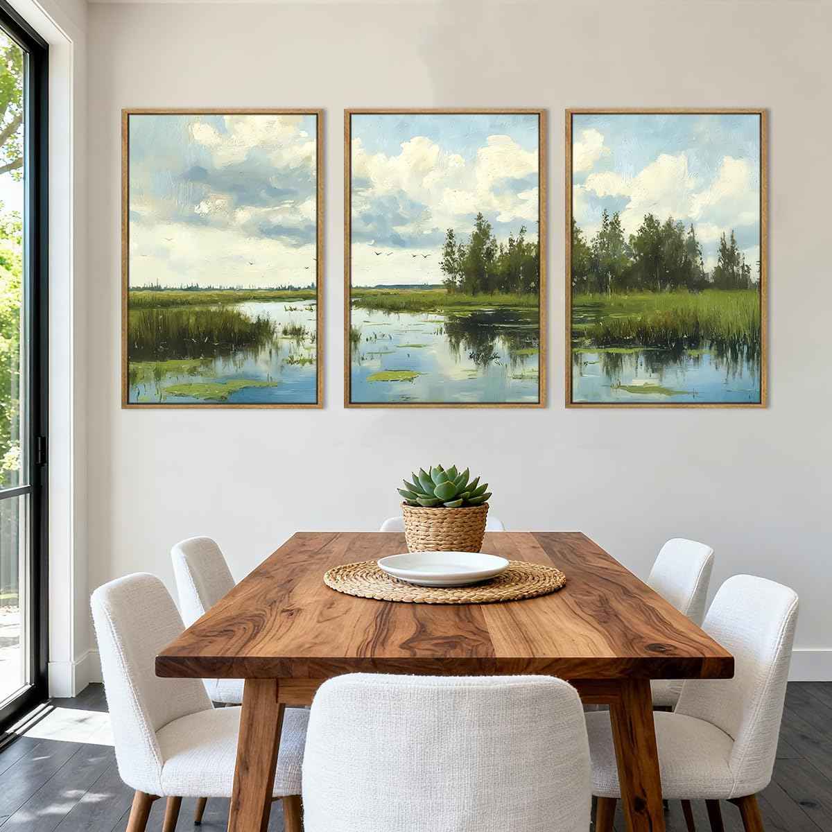 BINCUE Framed Green Nature Wall Art Lake Scenery Wall Decor Landscape Art Print for Living Room Bedroom Office 16 x24 Inches Set of 3