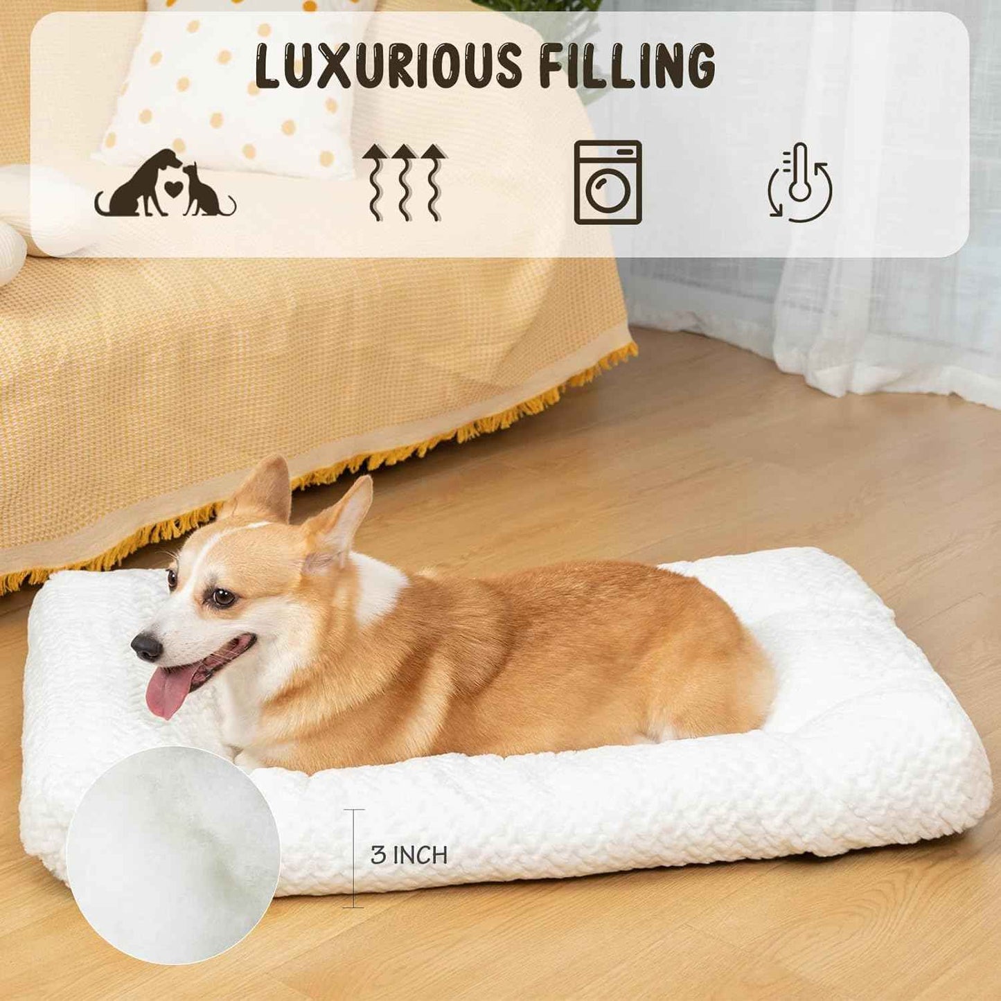 KROSER Deluxe Dog Crate Bed Mat, Soft Crate Pad, Machine Washable Pet Cage Mattress Reversible (Cool & Warm), Kennel Bed for Small to Jumbo Dogs, White